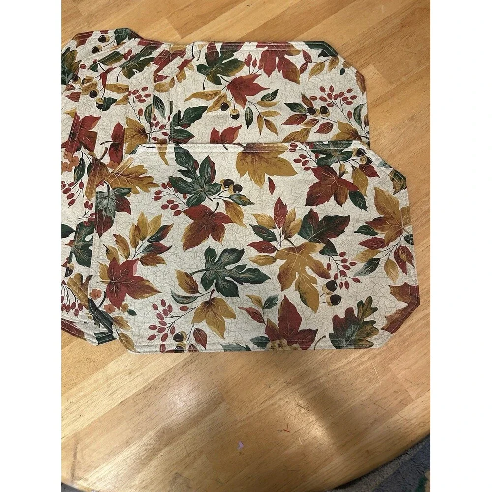 Thanksgiving Fall Placemats Set of 8 Plastic Reversible Autumn Leaves Acorns VTG